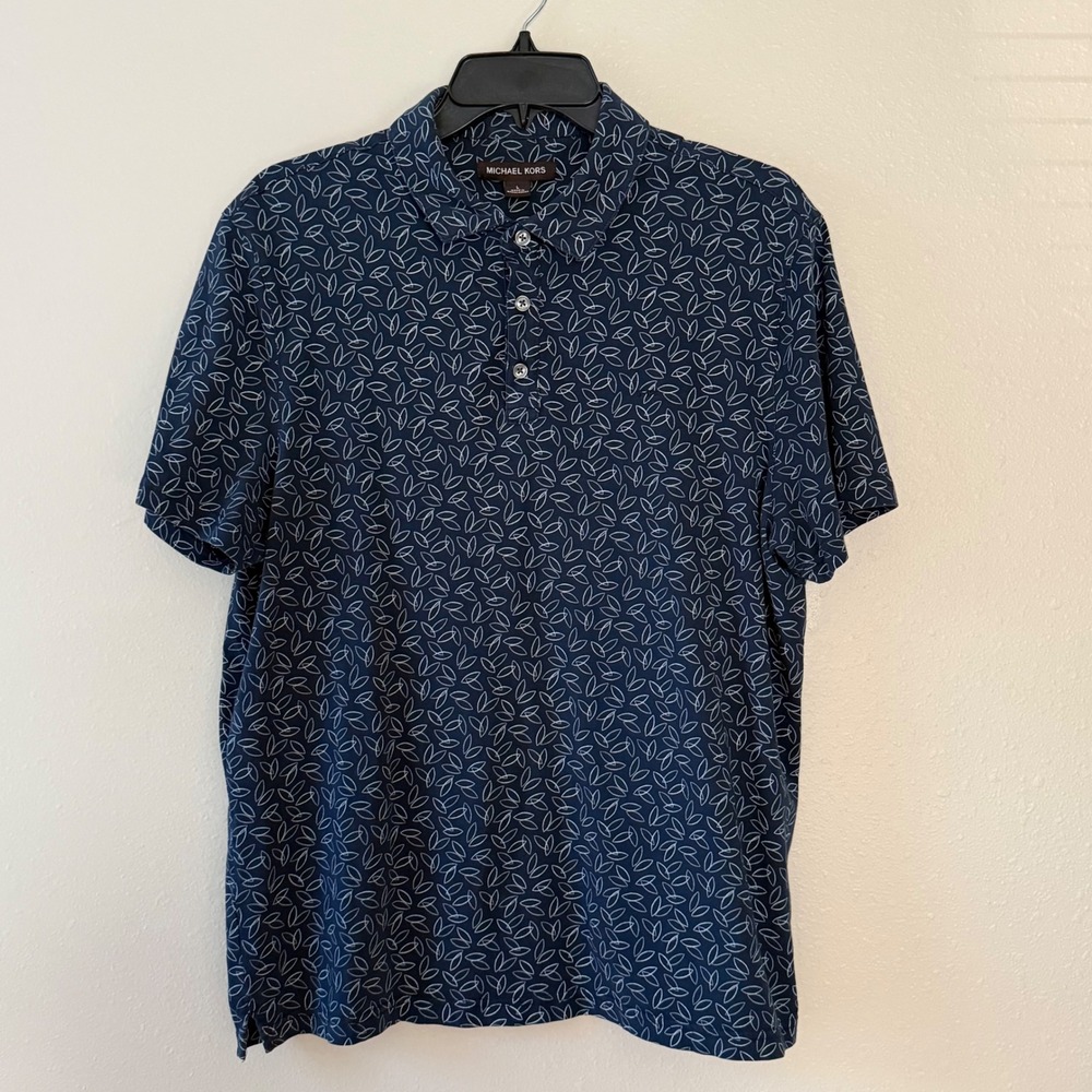 Michael Kors Mens Navy Blue White Leaf Print Short Sleeve Polo Shirt Large
